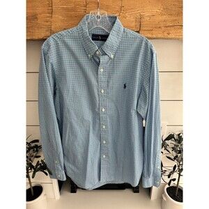 POLO RALPH LAUREN LONG SLEEVE MICRO CHECK SHIRT BLUE AQUA MENS SIZE MEDIUM EUC